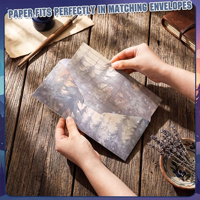 TaoBary 160 Pcs Stationery Paper Kit 50 Double Sided Stationery Papers with 50 Matching Envelopes and 60 Round Dot Sticker, 10 Design(whimsical Watercolor Illustration Starry Night, 8.5 x 11 Inch)