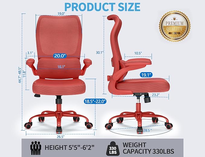 TRALT Ergonomic Office Chair- Desk Chair with Adjustable Lumbar Support | Big and Tall Back Ergonomic Desk Chair - Home Office Mesh Chairs and PU Leather Seat for Home Reading to Adults(Red)