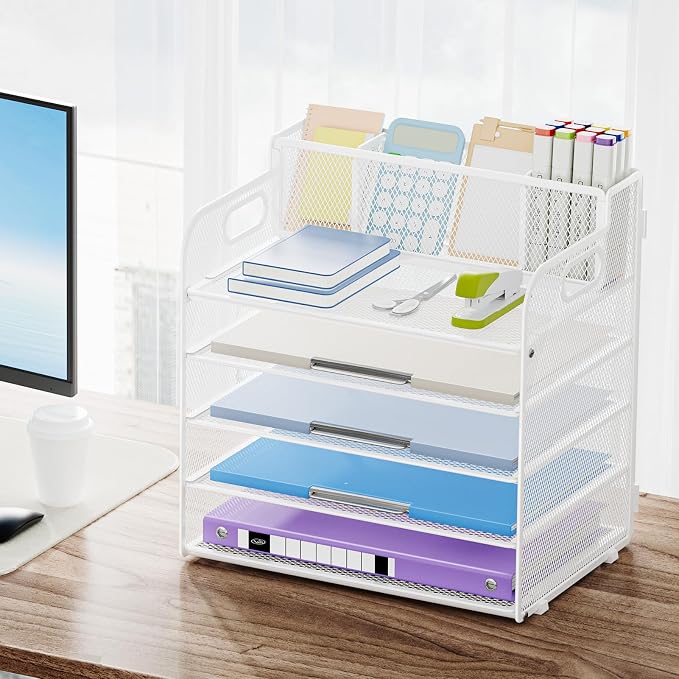 Marbrasse Paper Organizer, Mesh Desk Letter Tray with 3 Pen Holders,White | Paper Sorter Desk Organizer for Letter/A4 Office File Folder Holder Home Office Supplies