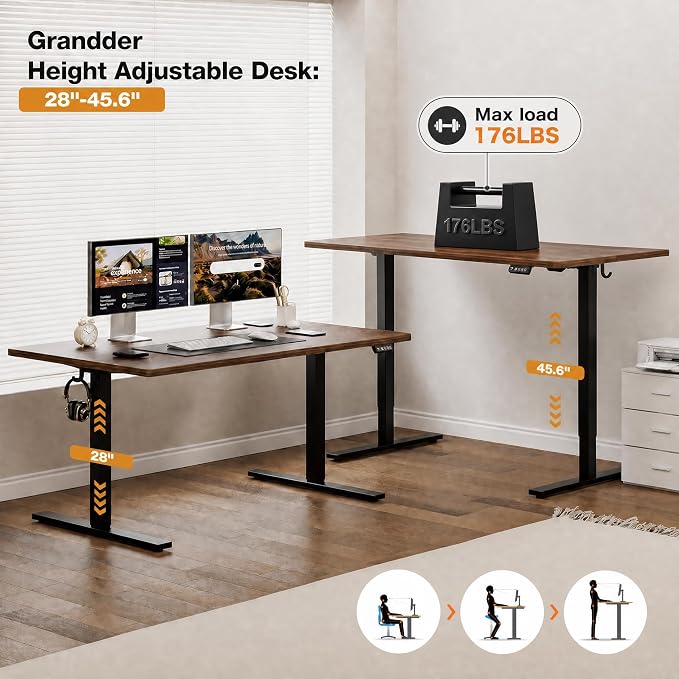 Grandder 63x32 Large Electric Standing Desk, Height Adjustable Computer Desk with 2 Memory Presets, 31.5" Deep Desktop Sit Stand Desk Home Office Desk Workstation Table with Hooks, Walnut