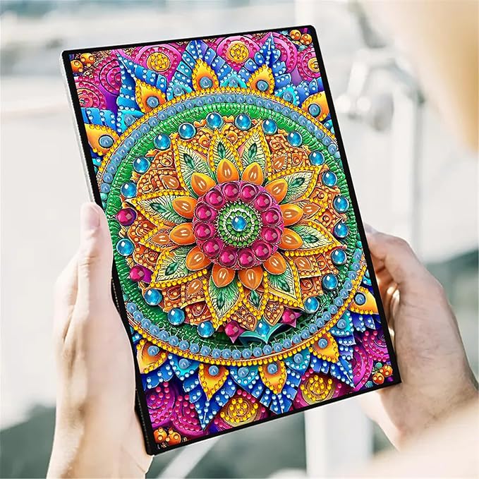 FRANDEK Diamond Art Painting Notebook Kit, Color Mandala A5 DIY Journal with 50 Blank Pages, Crystal Rhinestone Cover with Waterproof Canvas, Beginner Craft Set with Full Tools for Adults