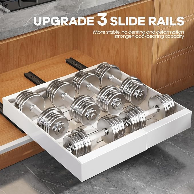 Seinloes 2 Pack Expandable Pull Out Cabinet Organizer 16.5"Deep with Raising Pad for Framed Cabinets,Upgrade 3 Slide Rails Slide Out Drawers,Roll Out Shelves Adhesive,Adjustable Width 12.2"-20.4"White