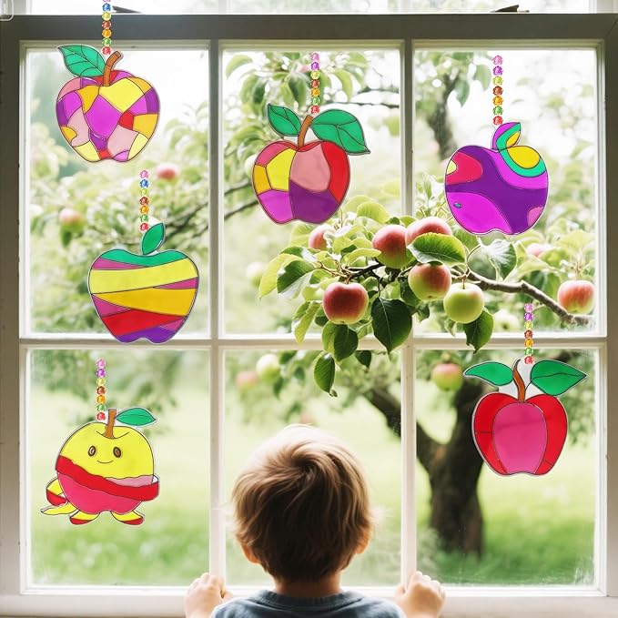 Ayhuhra 30 Sets Apple Suncatche Craft Kits Blank Back to School Sun Catcher DIY Window Paint Art Sets for First Day of School Supplies Home Party Activities Art Project