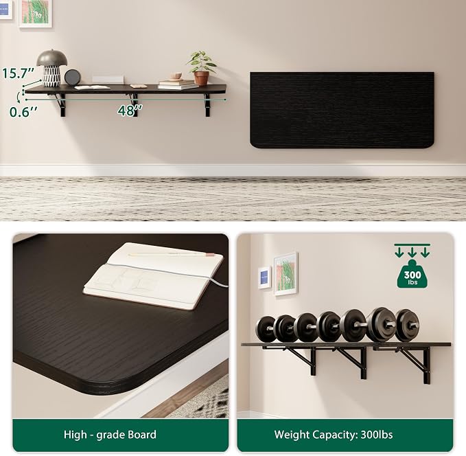 Dogsky Wall Mounted Folding Table, Floating Desk 48x15.7Inch, Fold Down Shelf Wall Mounted with Heavy Iron Brackets, Foldable Table for Launrdy Room, Office Study Work Bench, Kitchen Dining, Black