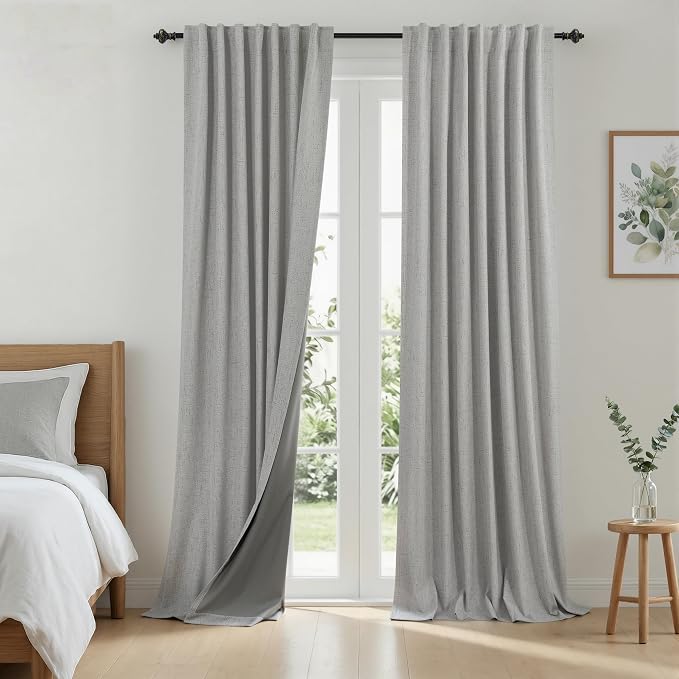 KOUFALL Linen Grey Curtains Blackout for Bedroom Living Room,Back Tab Black Out Light Gray Window Drapes 96 Inch Long 2 Panels Set