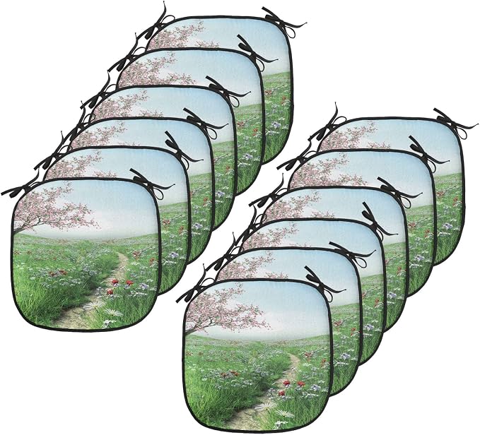Lunarable Flower Chair Cushion Pads Set 12, Pathway with Cherry Blossom Tree Wildflowers Grassland Country Village Nature Art, Anti-Slip Seat Padding for Kitchen & Patio, 16"x16", Green Blue