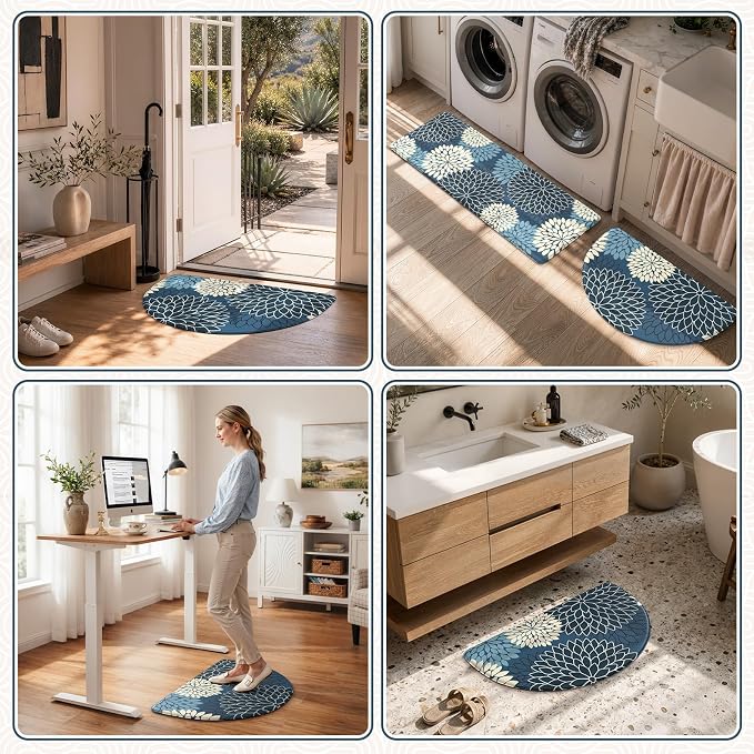KIMODE Half Circle Anti Fatigue Mats for Kitchen Floor Rug Sets of 2 | 18"x28+18"x47",Blue,Dahlia Floral Boho,Kitchen Rug Sets of 2,Non Slip,Waterproof,for Sink Office Laundry Bathroom Decor