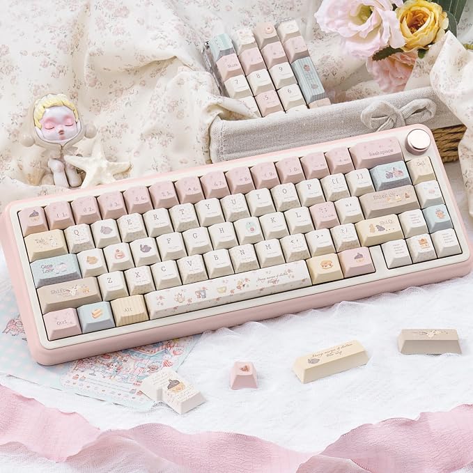 Pink Cute Rabbit Keycaps, PBT Custom Keyboard Caps, Cherry Profile Keycaps Set, Dye-Sublimation, 145 Keys for Mechanical Keyboard, Cute Key Caps Compatible with ANSI/ISO, 60% 75% 100%