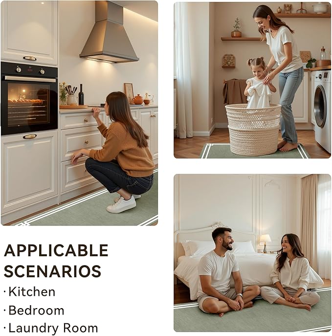 Sage Green Retro Elegance Frame Textured Kitchen Rug Sets [2 PCs], Anti-Fatigue, Waterproof Non-Slip Kitchen Mats Heavy Duty Comfort Foam Rug for Kitchen, Floor, Laundry,17"x29"+17"x47"