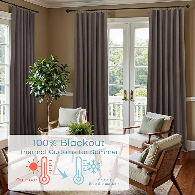 KOUFALL Brown Curtains 96 Inches Long 2 Panels Set Black Out Linen Blackout Back Tab Drapes for Living Room Bedroom