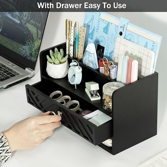 dreampossible Black Wood Desk Organizer and Accessories with Drawer, Bill Mail Organizer and File Mail Holder for Office Supplies, Desk Accessories & Workspace Organizers for Desk Organization