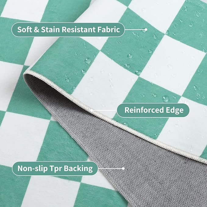 Terrug Green and White Checkered Rug for Bedroom,3x5 Area Rugs Washable with Non Slip for Living Room,Soft Low Pile Stain Resistance Retro Carpet for Dorm Kids Room