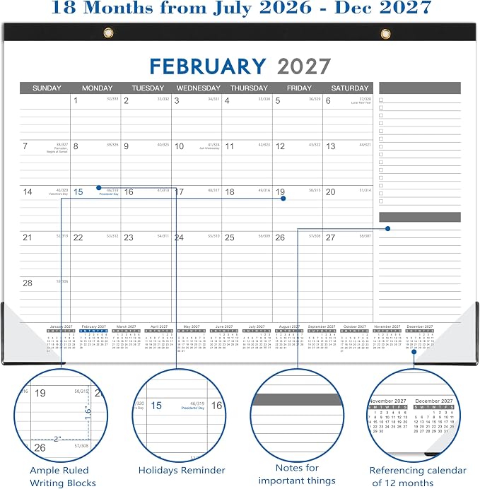 2026-2027 Desk Calendar - July 2026 - Dec 2027, 18 Months Calendar Pad with Black Corner Protectors, 17" x 12", Large Ruled Blocks, Large Office Desk Top Calendar