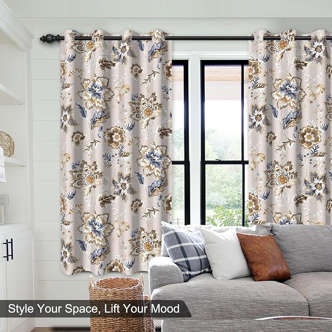 Floral Blackout Curtains for Bedroom and Living Room, Farmhouse Room Darkening Soundproof Thermal Insulated Blackout Curtains for Winter, Grommet Black Out Window Curtains 63 Inch Long 2 Panels Set