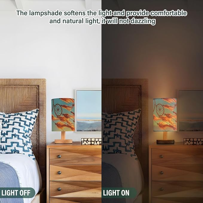 Table Lamp Dream Catcher Sunset Sky Boho Chic Dreamcatcher Ethnic Tribal Nightstand Lamp with Wood Base Fabric Lamp Shade Bedside Desk Lamp for Living Room Bedroom Kids Room Office