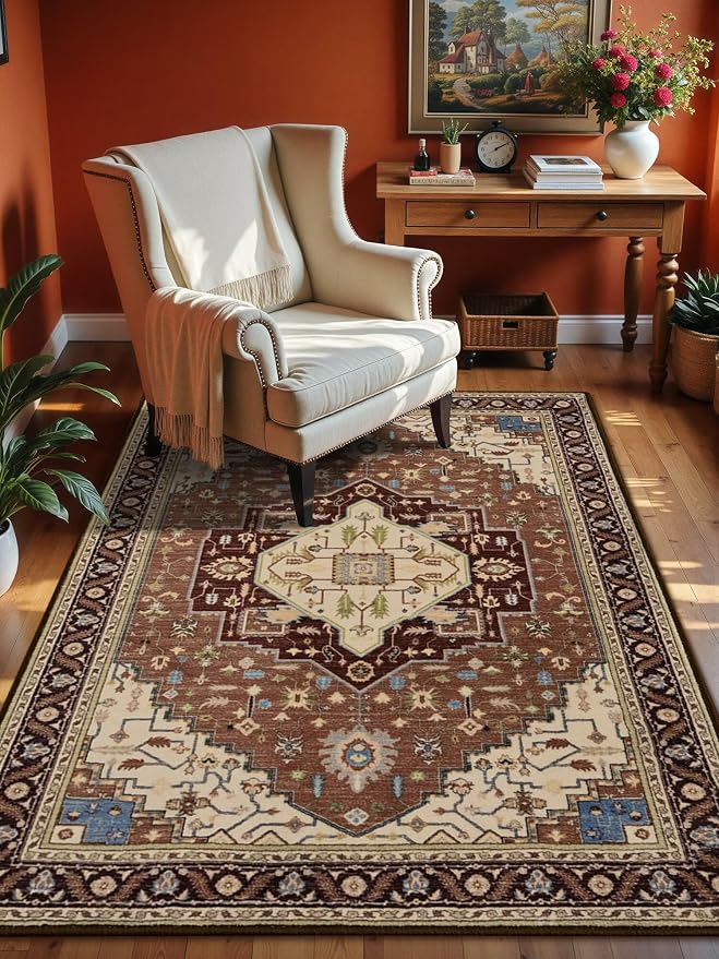 Macgace 3x5 Mousse Brown Area Rug for Living Room, Machine Washable Rugs with Non-Slip Backing for Bedroom, Vintage Medallion Carpet Kitchen Laundry Kids Room Decor