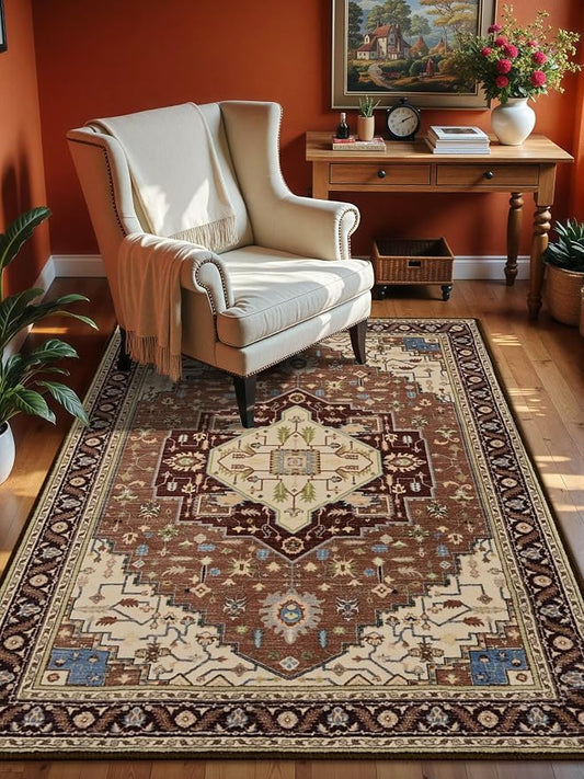 Macgace 3x5 Mousse Brown Area Rug for Living Room, Machine Washable Rugs with Non-Slip Backing for Bedroom, Vintage Medallion Carpet Kitchen Laundry Kids Room Decor