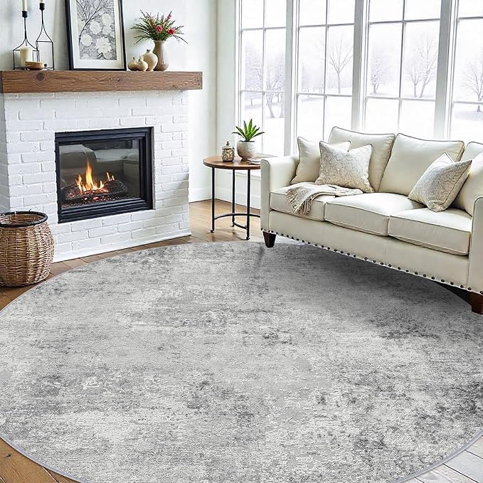 RUUGME Washable 9ft Round Rug - Abstract Rugs for Living Room Large Area Rugs Modern Stain Resistant Indoor Mat for Bedroom Dining Room Non Slip Rubber Backing Thin Super Soft Room Decor 9ft Grey