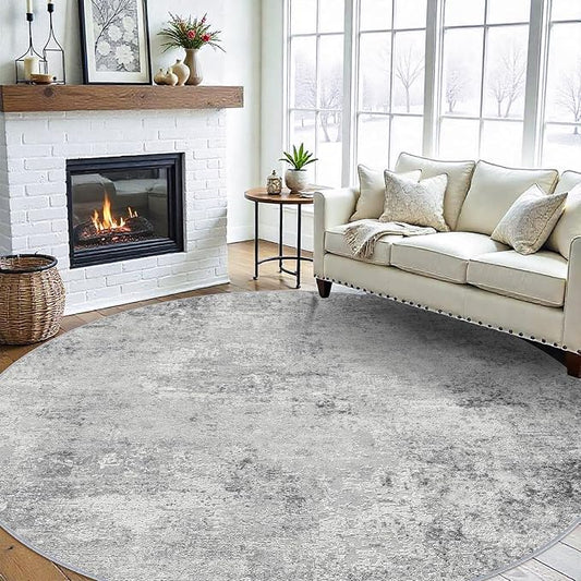 RUUGME Washable 9ft Round Rug - Abstract Rugs for Living Room Large Area Rugs Modern Stain Resistant Indoor Mat for Bedroom Dining Room Non Slip Rubber Backing Thin Super Soft Room Decor 9ft Grey