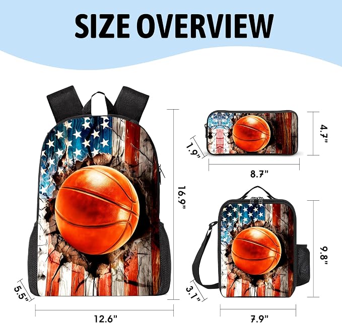 3PCS Basketball Backpack for Boys Girls Teens, School Backpack with Lunch Box Pencil Case for Elementary Middle High Students, 17 Inch Lightweight Bookpack 3 in 1 Set Back to Shool Gifts for Kids