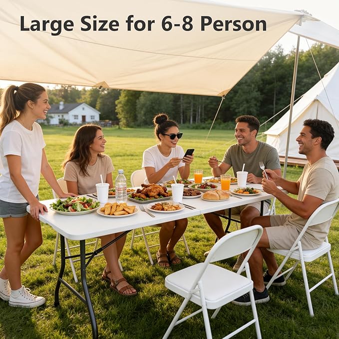 Folding Table 4 Pack, 6 FT Foldable Plastic Table with Carrying Handle, Heavy Duty Portable Fold-in-Half Utility Table for Party, Camping, Banquet, Craft, Wedding, Indoor & Outdoor Use