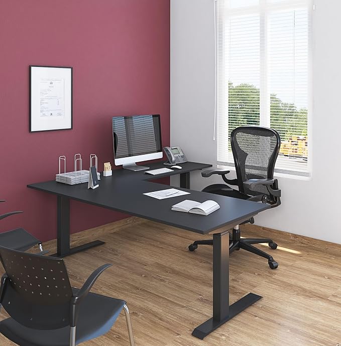 Stand Up Desk Store Triple Motor Electric L-Shaped Corner Standing Desk with EZ Assemble Frame (Black Frame/Black Top, 71" W x 71" D)