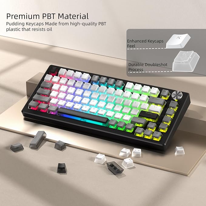 Womier PBT Shine Through Keycaps for Mechanical Keyboard, Pudding Keycaps 60% 75% 100% Keyboard 143 Keys, Custom Keycap Set OEM Profile for Gateron Cherry MX Switches, Gray White-Only Key caps