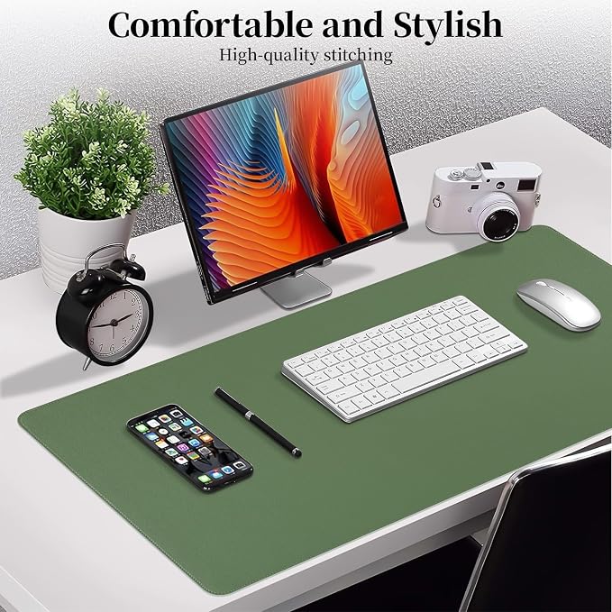 Green Leather Desk Pad Large Mouse Pad, 35.4"x17" | Waterproof Desk Mat for Keyboard and Mouse, Non-Slip Computer Desk Protector, Smooth Mouse Control for Home Office
