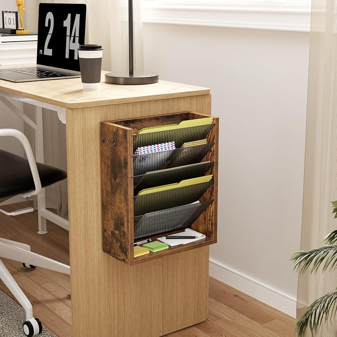 Creso hom Mail Organizer Wall Mounted, Mail Sorter with 2 Key Hooks, 6-Slot File Organizer for Wall or Desk, Wood Letter Holder Envelopes Bills Accessories for Home Office, Rustic Brown