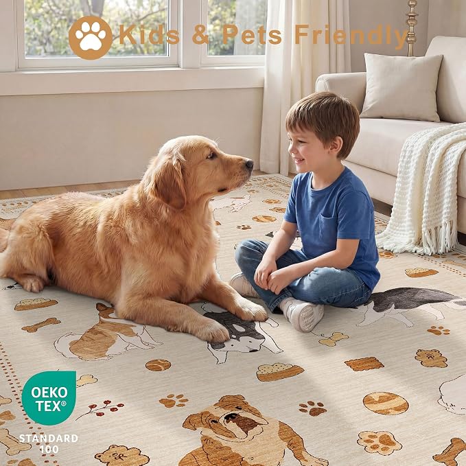 DUKINO 5x7 Rug for Living Room, Lightweight Animal Dog Print Washable Area Rug, Non Slip & Low Pile Floor Mat, Stain Resistant Carpet for Bedroom, Nursery, Dining Room, Kids Playroom, Beige Yellow