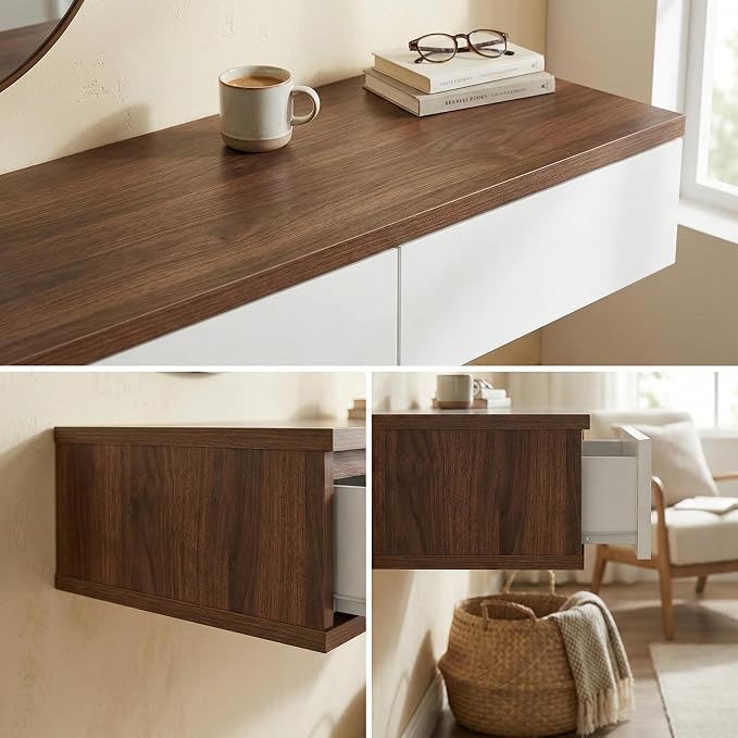 Wall Mounted Floating Vanity Desk with 2 Storage Drawers Modern MDF Makeup Table – 39.4 x 15.7 x 5.9 in (100 x 40 x 15 cm), Space-Saving Makeup Table for Bedroom or Small Spaces (Brown)