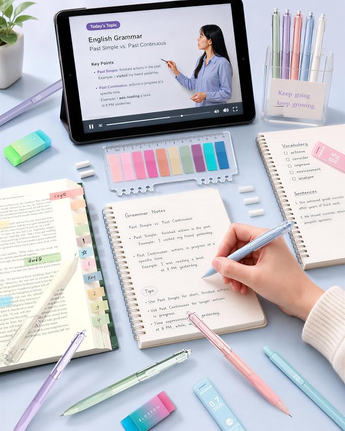 XKDOUS Cute Aesthetic School Supplies, Mechanical Pencils 0.5 & 0.7mm with 240 Lead Refills, 5 Black Gel Pens, Colored Index Stickers Stationery Set for Writing Drawing Office
