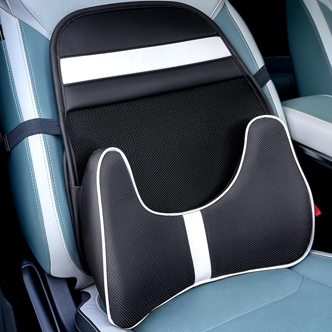 FLORICH Memory Foam Double Layer Breathable Mesh Lumbar Support Ergonomic Leather Lumbar Support Pillow with 3D Mesh Back Support and Adjustable Strap for CarSeat & Office Chair(Black)