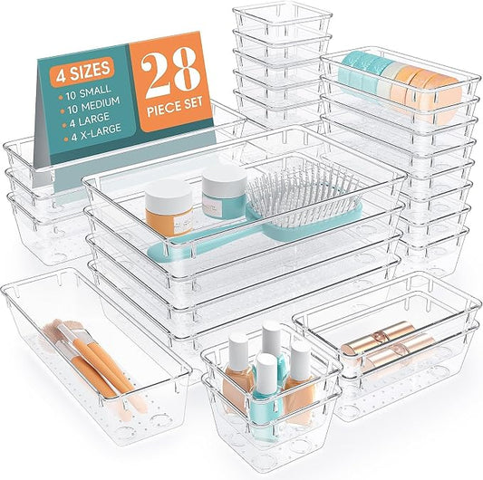 StorMiracle 28 PCS Clear Plastic Drawer Organizers Set, 4 Size Desk Drawer Organizer Trays for Makeup, Jewelry, Kitchen Utensils, Gadgets and Office Accessories | 4 Size Desk Drawer Organizer Trays for Makeup, Jewelry, Kitchen Utensils, Gadgets and Office
