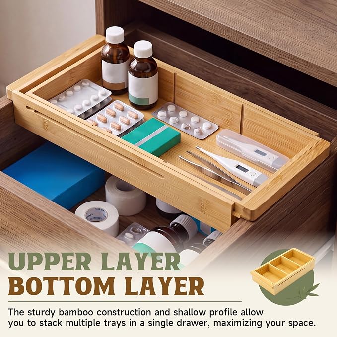 Yookeer 4 Pcs Expandable Drawer Organizer Adjustable Hanging Deep Drawer 11.4'' to 18.1'' Bamboo Wood Dividers Storage Tray for Desk Kitchen Bedroom Bathroom Office Supplies