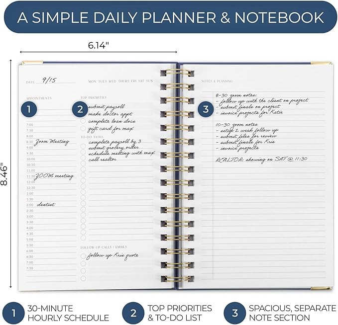 Aesthetic Daily Planner And Notebook With Hourly Schedule - Beautiful Spiral To do List Notepad For Work/Home to Organize Tasks And Appointments - Stylish School/Office Supplies Book For Women