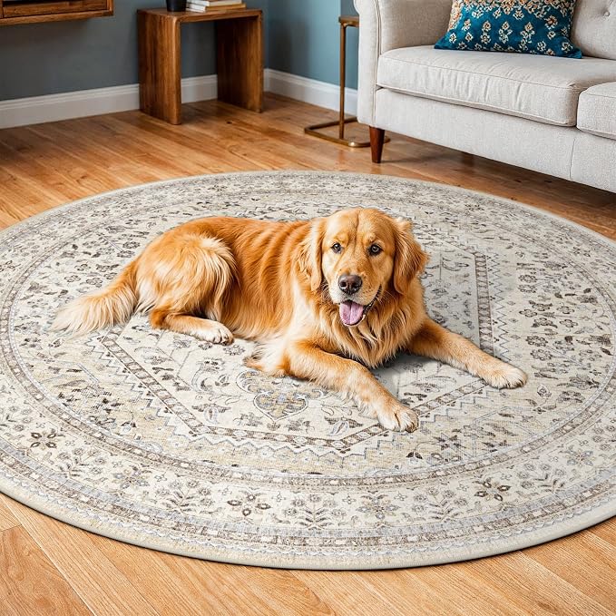 Puino 6FT Round Area Rugs for Living Room: Circle Rugs Machine Washable Oriental Low Pile Soft Non Slip Backing Vintage Indoor Rug for Bedroom Nursery Dining Room Home Office Beige/Gray