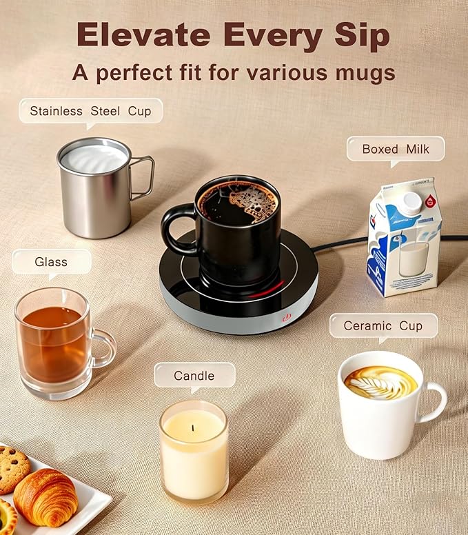 Kepwam Coffee Mug Warmer for Desk, 3-Temp Fast Heating Cup Warmer with 6H Auto Shut Off, LED Light & Smart Candle Warmer for All Beverages, Ideal Gifts for Women Men