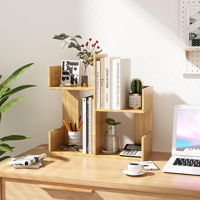 Modern 2-Tier Desk Bookshelf, Short Book Organizer, Display Shelf & Desktop Storage Rack, Space-Saving Desk Bookshelf for Books, Decor & Small Items, Natural