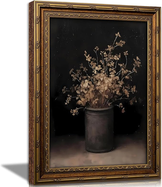 Vintage Gold Framed Wall Art Fall Dried Flowers Antique Vase Country Oil Painting Canvas Prints Dark Moody Rustic Still Life Picture Gothic Victorian Botanical Poster Artwork for Bedroom,16x24in