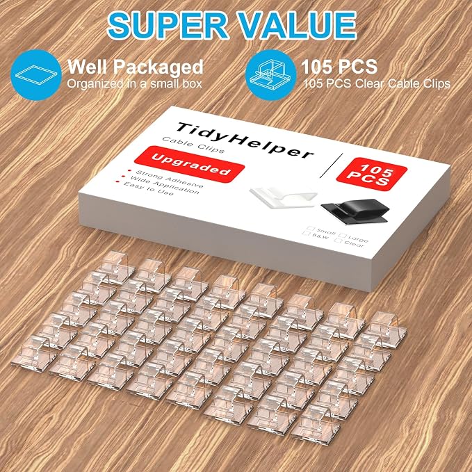 TidyHelper 105 PCS Christmas Light Clips (Small, Clear), Indoor/Outdoor | Adhesive Hooks for Outdoor String Lights, Cable Clips Wire Cord Holder for Patio Decor, Porch, Balcony & Holiday Decor