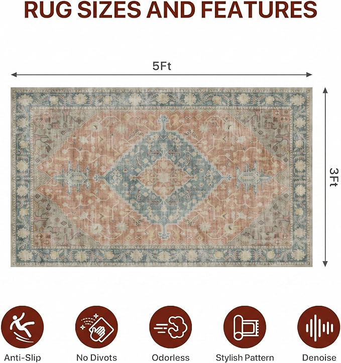 36"x60" Office Chair Mat for Hardwood Tile Floor, Under Desk Carpet Protector for Rolling Computer Chair Mat, Machine Washable Area Rug, Anti-Slip 1/5" Thick Low Pile Thin Vinyl Floor Mat, Terracotta