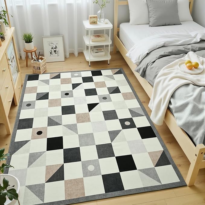 Terrug 3x5 Checkered Rug for Entryway, Grey and Beige Geometric Area Rugs Washable with Non Slip for Kids Room, Soft Low Pile Stain Resistance Carpet for Kitchen