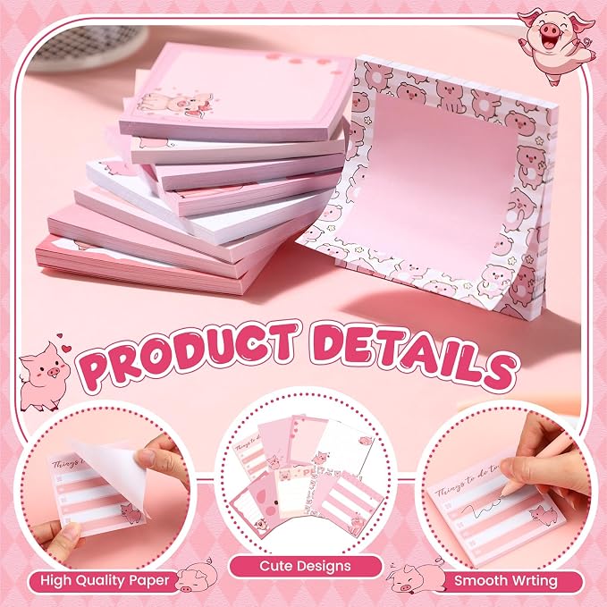 9 Pads Cute Sticky Notes Cartoon Self Stick Notepads 3x3 Inches Notes Adhesive Memo Pad Office Decor Gifts for Students School Teacher Office Meeting(Piggy)