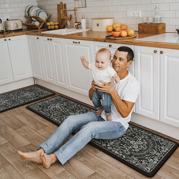 KIMODE Anti Fatigue Kitchen Mat Cushioned, Boho Kitchen Rugs Sets of 2 | Non Slip Memory Foam Kitchen Mat for Floor, Distressed Standing Desk Mat for Laundry Office Sink 17.3"x29"+17.3"x59" Black