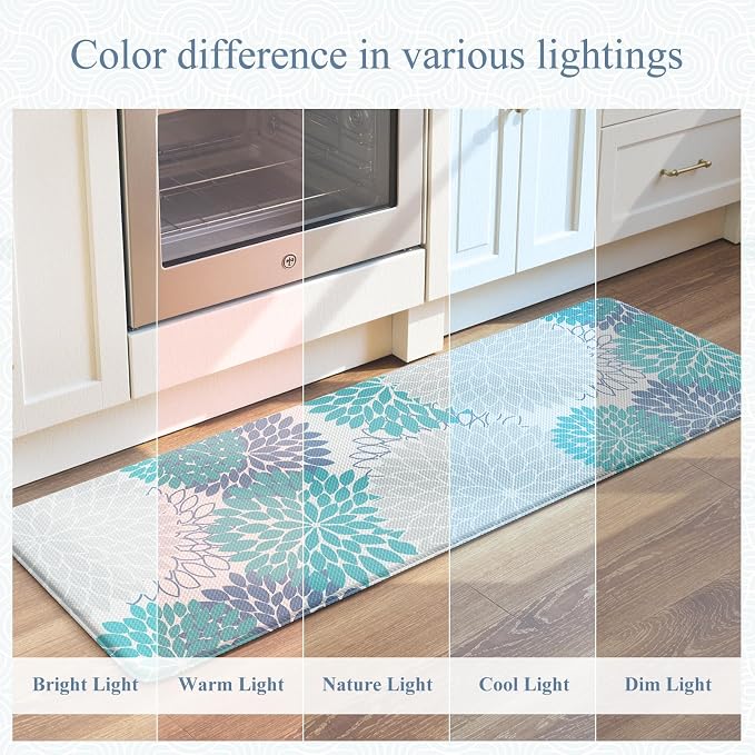 KIMODE Half Circle Anti Fatigue Mats for Kitchen Floor Kitchen Mats 2PCS | 18"x28+18"x28",Blue,Dahlia Floral Boho,Kitchen Rug Sets of 2,Non Slip,Waterproof,for Sink Office Laundry Bathroom Decor
