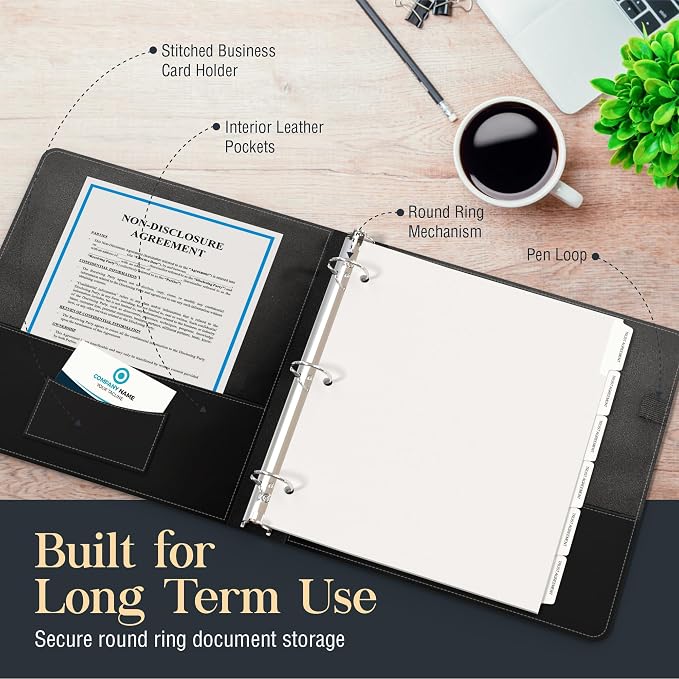 Estate Planning Leather Organizer Binder – Genuine Leather Estate Planning Portfolio, 3 Ring Round Ring Trust Binder with Tabs & Folder for Wills, Insurance & Legal Documents – Black Leather