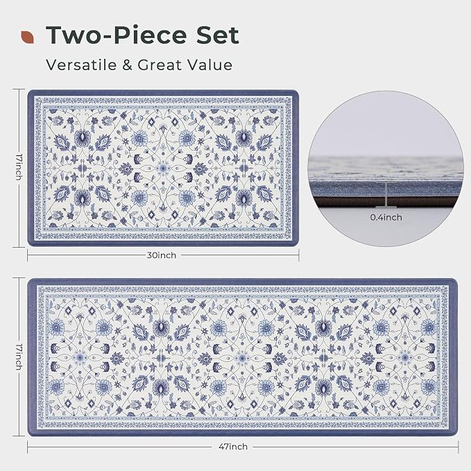 FRESHMINT Vintage Floral Kitchen Mats Set, 17x30''+17x47'', Porcelain Blue | Anti-Fatigue, Non Slip, Comfort, Kitchen Decor, Easy to Clean, Waterproof, Perfect for Kitchen, Laundry, Office