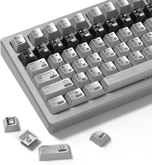 PBT Keycaps with Metal Paint, Janese Style 112-Key Black/Silver Custom Keycap Set dye Sublimation,Cherry Profile Key caps for 61/64/66/68/75/84/87 MX Switches Mechanical Keyboards
