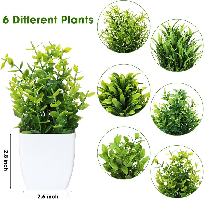 Unittype 12 Pcs Fake Plants Small Artificial Faux Plants for Shelf Mini Plastic Potted Greenery for Home Office Desk Bathroom Bedroom Indoor Decor(White Pot,Green)